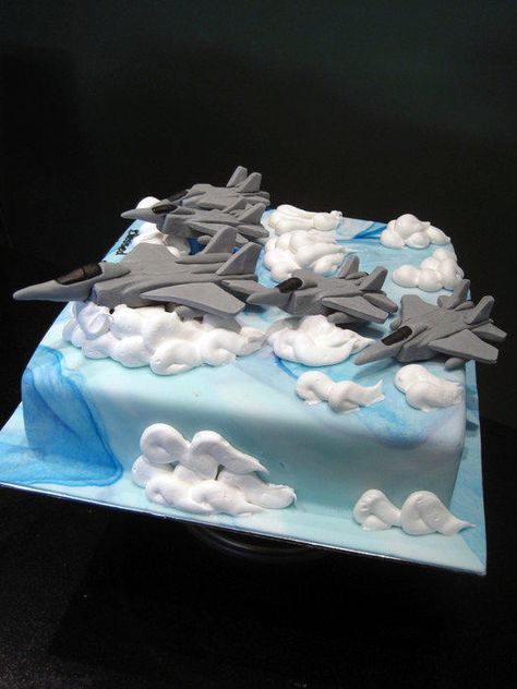 Handmade fondant F15 fighter planes in formation. Fighter Jet Cake, Planes Birthday Cake, Army Cake, Planes Birthday Party, Military Cake, Patriotic Cake, Airplane Cake, Planes Birthday, White Ombre