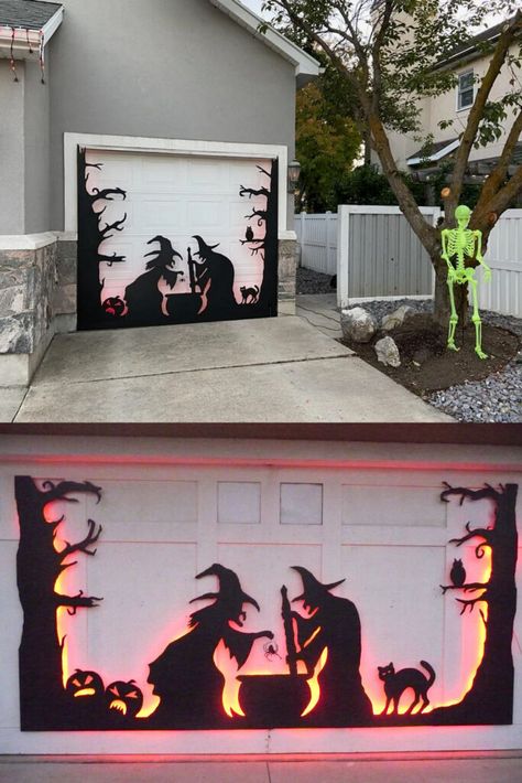 48 best DIY Halloween Outdoor decorations! Easy fun inexpensive fall decor & crafts ideas like pumpkins, ghosts, spiders for front door, porch, yard & driveway! – A Piece of Rainbow, home decor, arts & crafts, autumn, fall, farmhouse, patio, steps, deck, backyard, dollar store, witch, painted wood signs, Jack o lantern Halloween Garage Door, Halloween Garage, Scary Halloween Decorations Diy, Halloween Diy Outdoor, Halloween Decor Diy, Halloween Front Doors, Casa Halloween, Halloween Decorations Diy Outdoor, Diy Halloween Decor