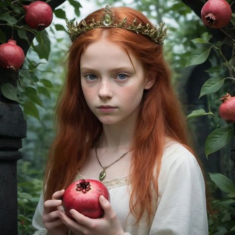 Persephone’s Duality : The girl stands at the threshold between two worlds— She holds a pomegranate (a symbol of her connection to both worlds) #MythAndMagic #eternaljourney #Duality #underworld #parsephone Pomegranate Girl, Between Two Worlds, Two Worlds, Girl Standing, A Symbol, Second World, Underworld, Pomegranate, Red Hair