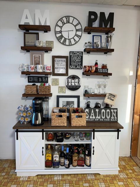 Am - Pm wall! Coffee And Liquor Bar Ideas Kitchen, Am Pm Coffee Wine Bar Ideas, Am Pm Bar Ideas For Home, Liquor And Coffee Bar Ideas, Whiskey And Coffee Bar, Coffee And Liquor Bar Ideas Small Spaces, Alcohol And Coffee Bar, Am Pm Bar Ideas, Coffee Bar And Liquor Bar