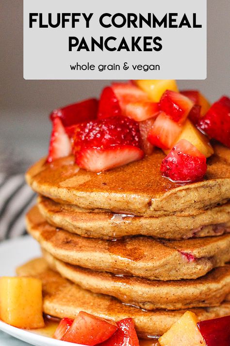 Super fluffy, vegan cornmeal whole wheat pancakes for a delicious and nutritious breakfast. Enjoy on the weekend or meal prep in advance for the week! To freshen them up, also added blueberries in. #vegan #easyrecipe #veganpancakes #mealprep Vegan Cornmeal Pancakes, Corncakes Recipe, Blue Cornmeal Pancakes, Pancakes From Scratch Easy, Pancake Recipe Healthy, Blue Cornmeal, Easy Pancake Recipe, Vegan Meal Prep Recipes, Cornmeal Pancakes