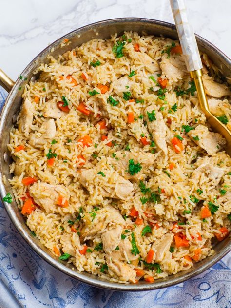 Easy Chicken Rice Pilaf Recipe (video) - Tatyanas Everyday Food Rice Pilaf And Chicken, Rice Pilaf With Chicken, Pilaf Rice Recipe Chicken, Chicken And Rice Pilaf Recipes, Chicken Recipes With Rice, Pilaf Rice Recipe, Chicken Pilaf Recipe, Chicken And Rice Pilaf, Chicken Rice Pilaf