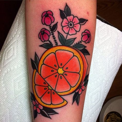 Orange Tattoo, Fruit Tattoo, Traditional Tattoo Flowers, Food Tattoos, Ancient Tattoo, Flash Ideas, Traditional Tattoo Sleeve, Wicked Tattoos, Blossom Tattoo