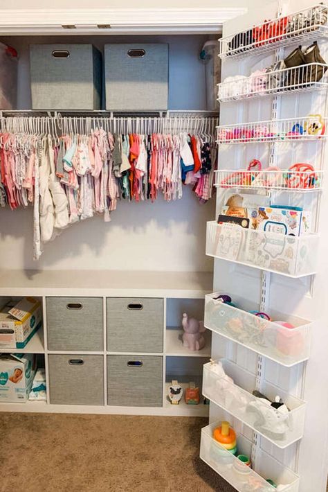 This baby girl nursery closet organization project for a mom-to-be included sorting, labeling, and adding an Elfa door rack for books, toys, and baby shoes, a cube shelf organizer with bins, and closet dividers for the different sized clothing. Baby Girl Nursery Closet, Girl Nursery Closet, Toddler Clothes Organization, Boy Toy Organization, Rack For Books, Toddler Closet Organization, Girls Closet Organization, Organizing Photos, Toddler Closet