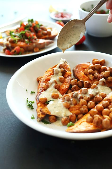 Mediterranean Baked Sweet Potatoes Baked Sweet Potatoes, Spiced Chickpeas, Minimalist Baker, Herb Sauce, Inflammatory Diet, Baked Sweet Potato, Diet Foods, Roasted Chickpeas, Mediterranean Diet Recipes