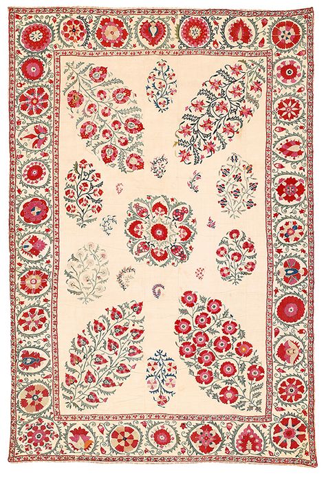 Nurata suzani, Uzbekistan, mid-19th century. Estimate €8,500 Suzani Pattern, Suzani Pattern Prints, Suzani Motifs, Textile Embroidery, Uzbek Suzani Patterns, Suzani Wall Hanging Framed, Asian Textiles, 25 May, Diy Embroidery Patterns