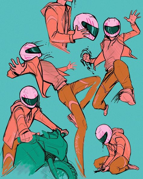 Drawing this character over ‘n over is both stressful (helmet) and relaxing (poses)....so...just like everything else I make Holding A Flag Pose Reference Drawing, Relaxed Character Poses, Holding Backpack Straps Reference, How To Draw Helmets, Holding Helmet Pose Reference, Taking Off Helmet Pose, Headlock Pose Reference, Helmet Character Design, Holding Helmet Pose