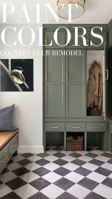 Dark Green Laundry Cabinets, Blue Green Mudroom, Mudroom Color Scheme, Dark Green Mudroom Cabinets, Color Drenched Mudroom, Dark Green Mudroom, Green Mudroom Cabinets, Dark Green Entryway, Mud Room Colors