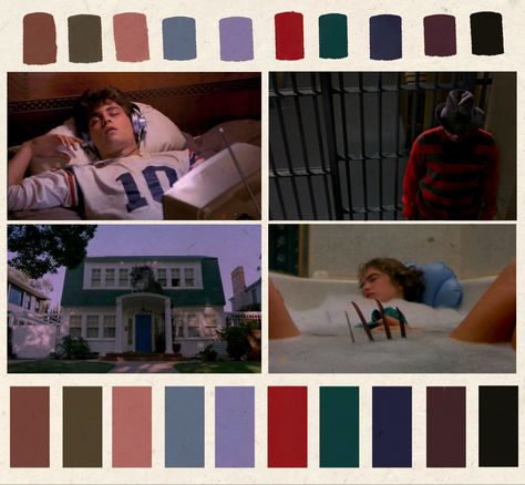 Muted neutral winter color palette for the eighties Wes Craven horror movie A Nightmare on Elm Street #80s #horrorfilms #horror #freddykrueger #color #colour #winter #colorpallete #cinematography Horror Movie Color Palette, Horror Color Palette, Moodboard Poster, 80s Color Palette, Movie Color Palette, Wes Craven, Halloween Color, Dark Color Palette, Color Design Inspiration