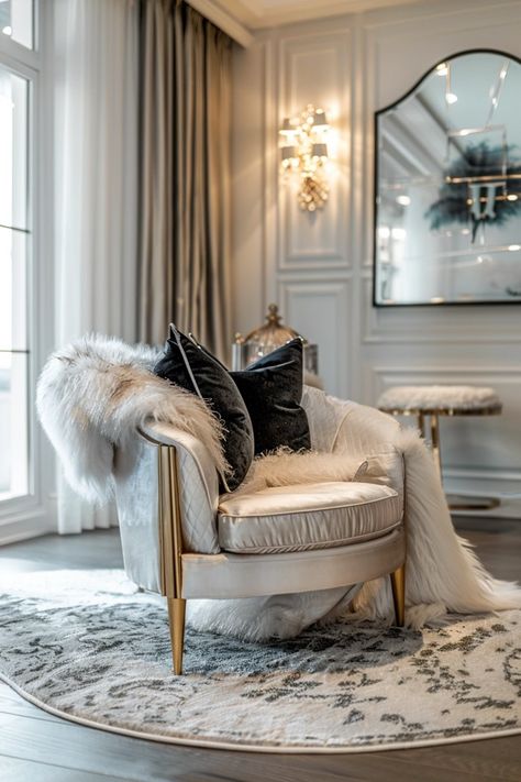 Elegant Glam Decor: Sparkling Accents Hollywood Glam Decor, Glam Design, Oval Coffee Tables, Glam Decor, Curved Sofa, Online Interior Design, Sitting Area, Making Room, Bay Window