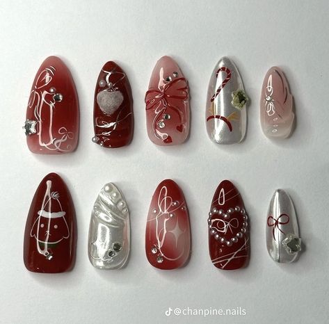 Christmas Nails Korean, Korean Christmas Nails, Era Nails, Christmas Present Nail Art, Christmas Present Nails, Red Christmas Nails, Cute Ribbon, Shoe Nails, Grunge Nails