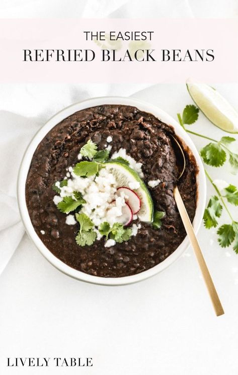 Easy refried black beans made in under 15 minutes with canned beans, are a weeknight staple to go with all of your Mexican food favorites! (#vegan, #glutenfree, #nutfree) #blackbeans #beans #weeknightmeals #sidedish #Mexicanfood #easy #recipes #healthy Refried Black Beans Recipe, Refries Black Beans Recipe, Refried Black Beans, Black Beans Recipe, Refried Beans Recipe, Black Bean Recipes, Gluten Free Sides, Mexican Cooking, Canned Beans