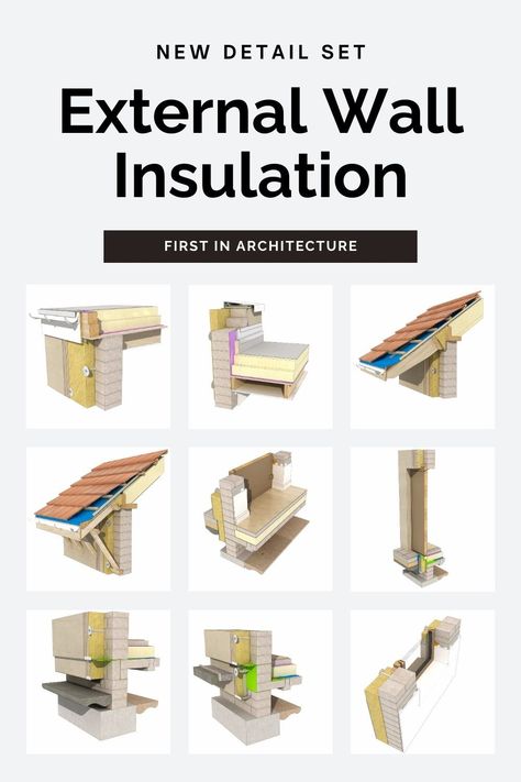 We are excited to share another set of details that have been requested regularly by our readers. This set consists of external wall insulation details. In this set we explore a solid blockwork wall with 190mm mineral wool insulation and a render finish. Blockwork Wall, Mineral Wool Insulation, External Insulation, External Wall Insulation, Bathroom Construction, Solid Wall, Window Detail, Wool Insulation, Timber Windows