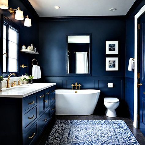 40 Popular Bathroom Color Ideas and Schemes (2024) Bathroom Paint Colors Blue, Royal Blue Bathrooms, Popular Bathroom Colors, Bathroom Color Ideas, Blue Bathroom Paint, Dark Blue Paint Color, Blue Bathroom Walls, Dark Blue Bathrooms, Navy Blue Bathrooms