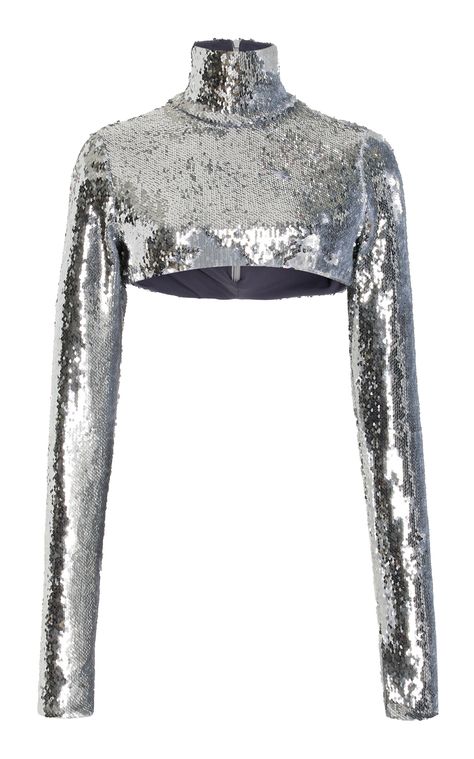 Sequin Cropped Top By Laquan Smith | Moda Operandi Silver Crop Top, Sparkly Bodysuit, Sparkly Crop Tops, Laquan Smith, Silver Outfits, Mock Neck Crop Top, Sparkle Outfit, Sequin Crop Top, Catty Noir