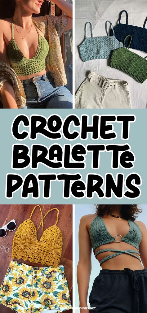 Summer has arrived and what better way to celebrate than with your own crochet bralette. These bralette patterns are perfect for a warm summer day. Pair them with shorts, pants, or a skirt and you're good to go. Bralette Knitting Pattern, Crochet Brallete Size Chart, Knit Bralette Pattern, Crochet Bralettes For Large Chest, Summer Crochet Top With Built-in Bra, Boho Style Skirts, Crochet Bralette Top, Crochet Bralette Pattern, Bralette Pattern