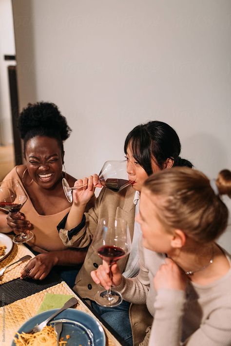 "Girlfriends Drinking Wine" by Stocksy Contributor "Studio Firma" - Stocksy Party Group Pictures, People Drinking Wine, Friends Drinking Wine, Dinner With Girlfriends, Drinking Wine Photography, Mom Drinks, Book Vibe, Women Drinking Wine, Mixed Race Couple