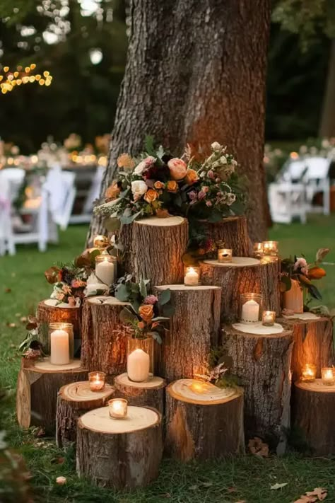 Candles On Tree Stumps Wedding, Indoor Picnic Bridal Shower Ideas, Romantic Rustic Outdoor Wedding, Fall Wedding Michigan, Fall Forest Wedding Ceremony, Farm To Table Wedding Decor, Boho Forest Wedding Decor, Spring Anniversary Party Ideas, Fall Twilight Wedding