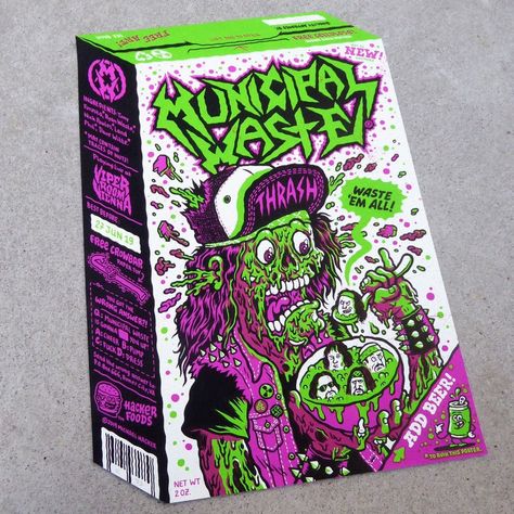 Michael Hacker on Instagram: “Since my last Melvins poster I always wanted to do another "cereal box" design. I thought @municipalwaste would hopefully appreciate all…” Monster Cereal Art, Cereal Box Graphic Design, Cereal Box Packaging Design, Cereal Box Art, Cereal Box Design Ideas, Cereal Box Drawing, Cereal Box Illustration, Melvins Poster, Cereal Poster