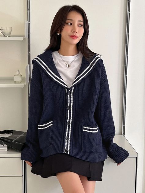 Navy Blue Cardigan Outfit, Sailor Outfit For Women, Cardigan Outfit Korean, Blue Cardigan Outfit, Collar Outfits, Shoulder Cardigan, Drop Shoulder Cardigan, Navy Blue Cardigan, Winter Outfits For Girls