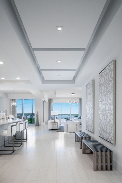 Seaglass Tones Inspire In Bonita Springs Penthouse  @AlmostHomeFL #home #realestate #bonita #swfl Model Interior Design, Space Texture, Interior Design Gallery, Entry Bench, Florida Design, Ceiling Detail, Ceiling Treatments, Headboard Wall, Bonita Springs