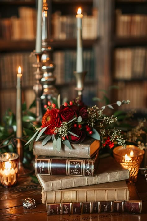 Discover the magic of a love story unfolding within the walls of a nostalgic library. Wedding favors tucked between classic tales and beneath the glow of golden lights, offer a backdrop steeped in romance 📖✨. #WeddingInspiration #VintageWedding #RomanticDecor #LibraryWedding #BookLover #AmberLighting #AntiqueDecor #TimelessLove Library Theme Wedding, Book Centerpiece Wedding, Library Wedding Aesthetic, Bookish Wedding Ideas, Light Academia Wedding, Book Centrepiece Wedding, Literary Wedding Theme, Book Decor Wedding, Book Wedding Centerpieces