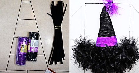 Halloween Witch Hat Wreath Diy, Witch Hat Wreath Tutorial, Witch Hat Wreath Diy, Hat Wreath Diy, Dollar Tree Witch Hat Wreath, Dollar Tree Witch Hat, Halloween Witch Hat Wreath, Diy Halloween Witch, Witch Hat Wreath