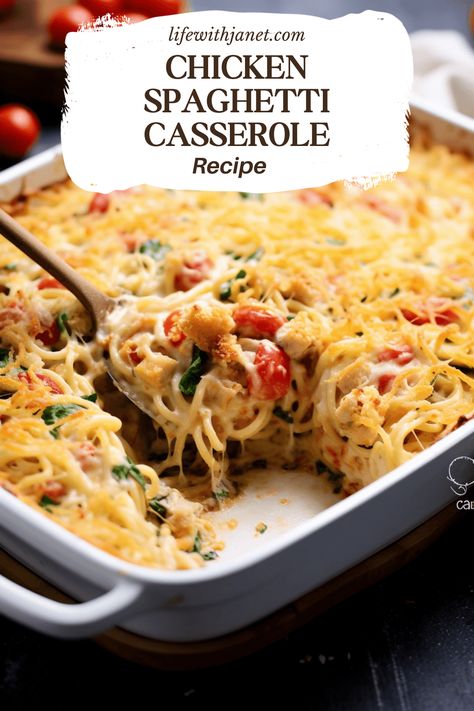 Cheesy Chicken Spaghetti Casserole: Dive into this comforting casserole that combines tender chicken and al dente spaghetti with creamy mushroom soup and a blend of Velveeta and cheddar. Perfect for family dinners, this dish brings the classic American flavors to your table. Try it today and let this become your next favorite comfort food recipe! 🍝🧀🍗 #ChickenCasserole #ComfortFood #FamilyDinnerIdeas Chicken Spaghetti With Bell Peppers, Chicken Spaghetti With Cream Of Mushroom, Chicken Spaghetti Casserole Velveeta, Chicken Spaghetti With Mushrooms, Chicken Spaghetti With Velveeta Cheese, Velveeta Chicken Recipes, Chicken Primavera Casserole, Chicken Spaghetti Casserole Easy, White Chicken Spaghetti Recipe