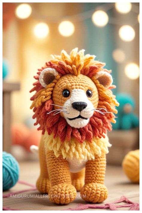 Lion Amigurumi Free Crochet Pattern Knitted Lion Toy Patterns Free, Crochet Lion Pattern Free, Lion Crochet Pattern Free, Lion Amigurumi Pattern Free, Lion Crochet Pattern, Jungle Mobile, Lion Amigurumi, Lion Crochet, Crochet Game