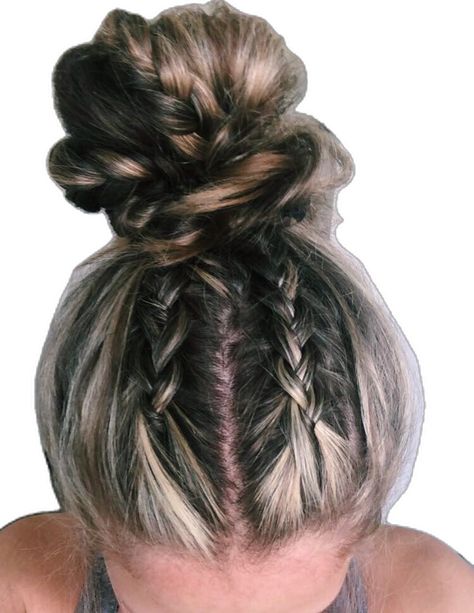 Braid Into High Bun, Braid Buns, High Messy Bun, French Braid Buns, Volleyball Hair, Track Hairstyles, Competition Hair, Dutch Braids, Y2k Hairstyles