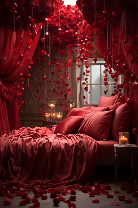 valentine's day ideas Burlesque Aesthetic Room, Red Bedroom Aesthetic, Valentine Bedroom Decor, Romantic Hotel Rooms, Bedroom Flowers, Bedroom Inspiration Cozy, Fancy Bedroom, Castle Rooms, Romantic Bed