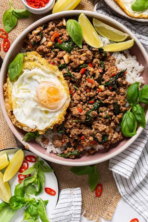 Thai Basil Beef - El Mundo Eats Thai Basil Beef Recipe, Minced Beef Recipes Easy, Fish Sauce Substitute, Simple Asian Recipes, Basil Beef, Thai Basil Beef, Asian Recipes Easy, Minced Beef Recipes, Minced Meat Recipe