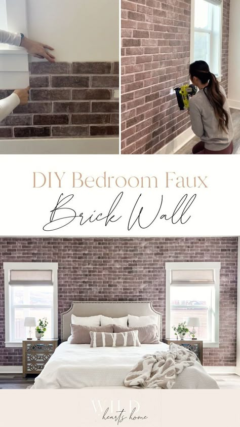 Shabby Chic Accent Wall, Farmhouse Bedroom Feature Wall, Farmhouse Wallpaper Bedroom, Farmhouse Feature Wall Bedroom, Tv Feature Wall Living Room, Brick Wall Makeover, Faux Brick Wall Bedroom, Modern Farmhouse Feature Wall, Farmhouse Feature Wall Ideas