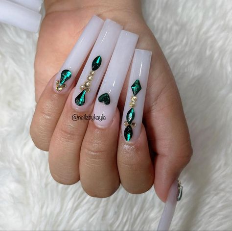 Milky White With Rhinestones, White Nails With Green Rhinestones, Green Nails With Diamonds, White And Emerald Green Nails, Milky White Nails With Rhinestones, Emerald Green And White Nails, Random Nails, Milky White Nails, Coffin Nails Designs Summer