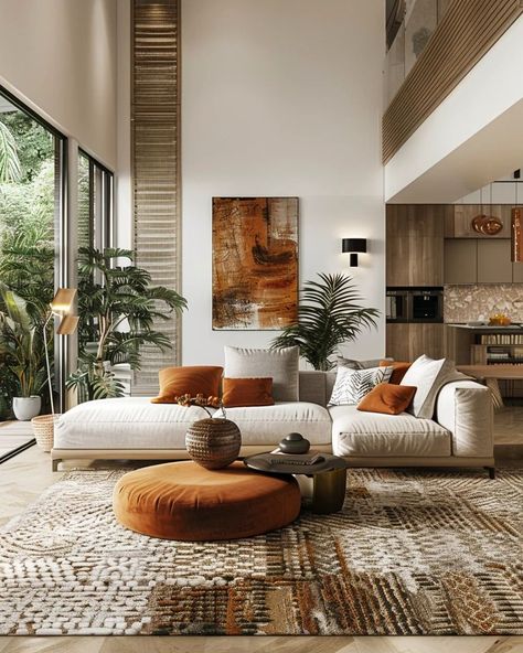 Cozy Welcoming Living Room, Comfy Modern Living Room, Warm Interior Design Cozy Living Rooms, Interior Earth Tones, Cozy Contemporary Living Room, Big Living Room Decor, Dubai Apartment, Biophilic Interior, Cozy Living Room Decor Ideas