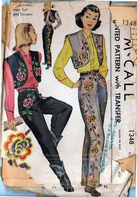 McCall 1348; ©1949; Misses' Two-Piece Western Suit - Bolero and Trousers Yellow or Blue Transfer for Embroidery. The embroidered bolero, Western style! Swagger bolero, tapered trousers, splashed with huge roses in bright colors, suggests the gala attire worn in the early days of the Spanish-owned West. Satin and chain stitches. Trousers reinforced for riding. Embroider from waist to thigh or from waist to ankle. Sizes 12, 14, 16, 18. Divine Geometry, Gala Attire, Western Suit, Vintage Western Wear, Patron Vintage, Western Suits, Rodeo Queen, Look Retro, Vintage Cowgirl