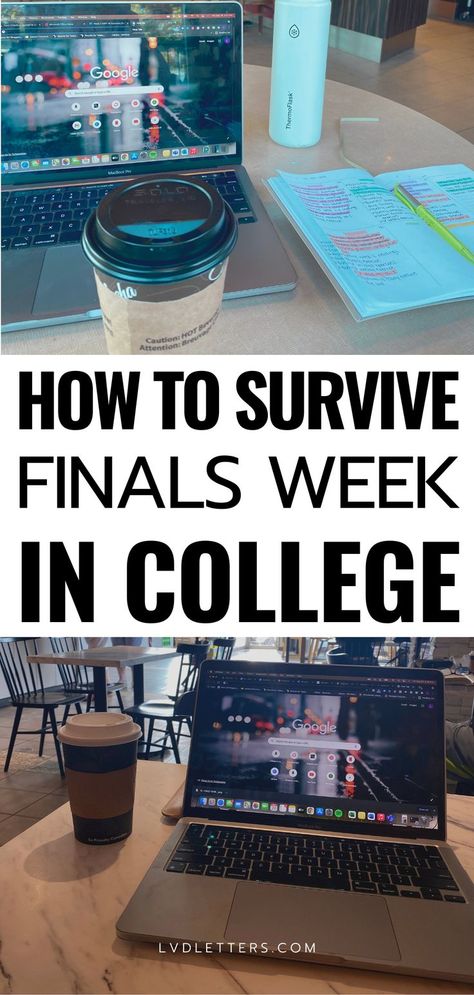 HOW TO SURVIVE FINALS WEEK IN COLLEGE. Black text on white background. Top picture: college student's laptop on a table at a coffee shop with water bottle, coffee, and college planner next to it. Bottom picture: college student's laptop on table at coffee shop for finals study session next to a latte Finals Study Tips, Productive Studying, Finals Study, Studying For Finals, Time Management College, College Finals, College Exams, College Guide, Exam Week