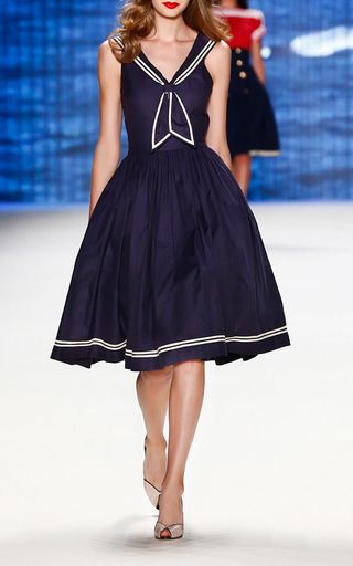 Marine Sailor Styled A Line Dress by LENA HOSCHEK for Preorder on Moda Operandi Nautical Outfits, Lena Hoschek, Berlin Fashion Week, Berlin Fashion, Sailor Fashion, Sailor Dress, Nautical Fashion, Dresses Party, Mode Vintage