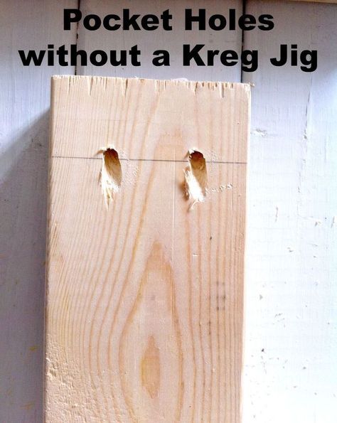 A Kreg Jig is a helpful tool to have around the house. But if you're like me and don't want to spend $100 on a piece of plastic with holes, try this method. Yes, you can make pocket holes without a Kreg Jig. All you need is a drill. I used a 1/4 in. drill bit. You can buy a drill bit set with 10 pieces for around $5 at Home Depot or Lowe’s. Start by marking off where you want the pocket holes to go. Drill two pilot holes holding the drill straight. This is an important step. The… Jigsaw Projects, Pocket Holes, Woodworking Jigsaw, Serra Circular, Woodworking Logo, Kreg Jig, Woodworking Supplies, Popular Woodworking, Pocket Hole