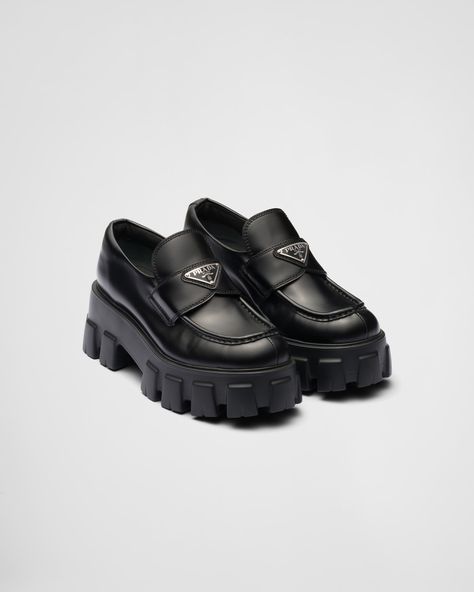 Black Brushed Leather Monolith Loafers | PRADA Prada Loafers Women, Loafers With Jeans, Prada Monolith, Prada Clothing, Prada Loafers, Loafers Women, Dr Shoes, Chunky Loafers, Loafer Shoes Women