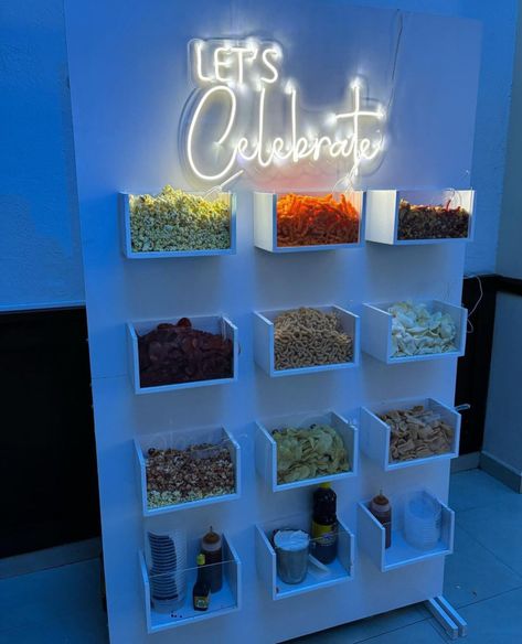 Snack Cart Business, Candy Display Ideas Party, Party Food Station Ideas, Snack Cart Party, Macaroni And Cheese Bar, Snack Wall, Snack Bar Ideas, Wedding Snack Bar, Popcorn Buffet