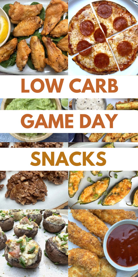 8 images of game day snacks including low carb pizza, chicken wings, chicken fingers, stuffed mushrooms and cookies. Low Carb Snacks For Party, High Protein Game Day Snacks, Low Carb Game Day Snacks, Low Carb Game Day Food, Low Carb Tailgate Food, Keto Football Snacks, Keto Tailgate Food, Keto Game Day Food, Low Carb Snacks On The Go