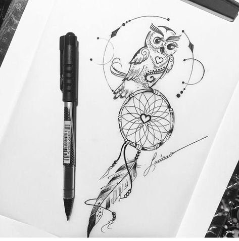 Owl Dreamcatcher Tattoo, Baby Owl Tattoos, Cute Halloween Tattoos, Owl Tattoo Drawings, Indian Feather Tattoos, Cute Owl Tattoo, Rare Tattoos, Side Thigh Tattoos, Small Girly Tattoos