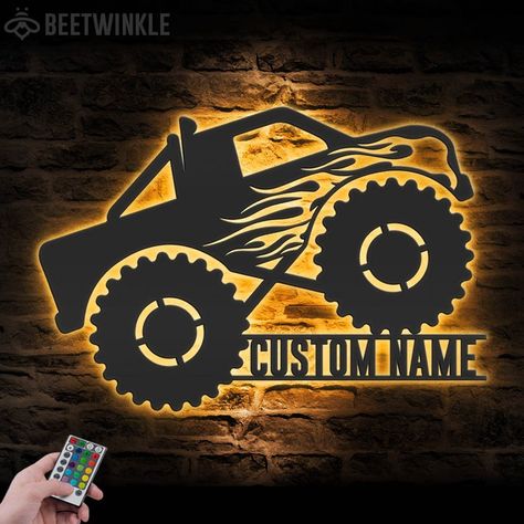 Custom Monster Truck Driver Metal Wall Art LED Light - Etsy Australia Monster Truck Bedroom, Monster Truck Bed, Monster Truck Room, Truck Bedroom, Truck Room, Monster Car, Fire Flame, Off Road Vehicle, Christmas Gifts For Boys