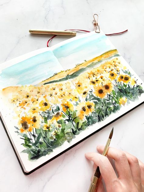 Painting Ideas Easy Aesthetic, Landscape Sketchbook, Painting Ideas Easy Simple, Sunflower Watercolor Painting, Painting Ideas On Canvas Easy, Painting Ideas Easy, Sketch Note, Sunflower Drawing, Watercolor Art Journal