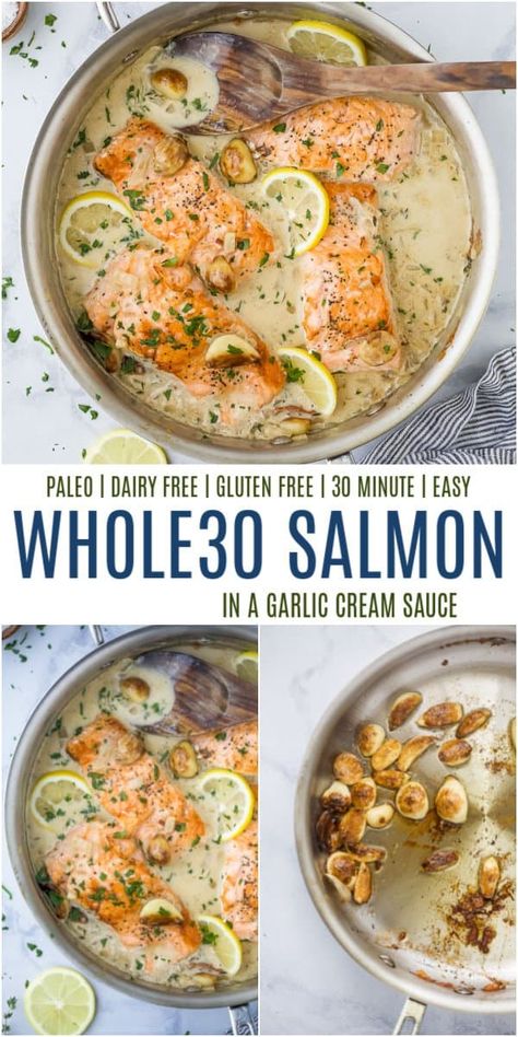 Whole30 Lobster Recipes, Whole 30 Cream Sauce, Dairy Free Cream Sauce For Salmon, Salmon Recipes Non Dairy, Whole30 Seafood Recipes, Whole Food Fish Recipes, Salmon Recipes Baked Dairy Free, Dairy Free Sauce For Salmon, Salmon Garlic Cream Sauce