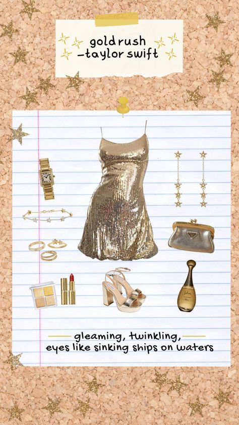 Gold Dress Taylor Swift, Gold Rush Outfit Ideas, Taylor Swift Gold Outfit, Taylor Swift Gold Rush Outfit, Champagne Problems Taylor Swift Outfit, Golden Era Outfit, Gold Rush Eras Tour Outfit, The Archer Taylor Swift Outfit, Taylor Swift Song Inspired Outfits