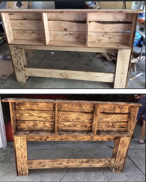 Pallet Board Headboard Diy, Wooden Bed Headboard Design Head Boards, Diy Headboard Ideas With Storage, Diy Headboard With Shelves Wood, Western Diy Bed Frame, King Headboard With Shelves, Diy Bookshelf Headboard Ideas, Diy Wooden King Headboard, Headboard Made From Pallets