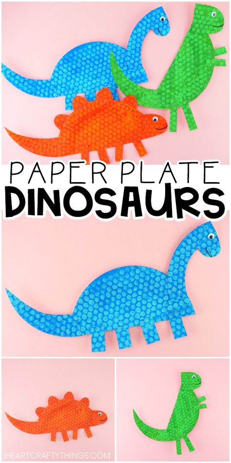 Paper Plate Dinosaur Craft for Kids -Three Easy Templates for Dinosaurs. Fun paper plate dinosaur craft for toddlers and preschoolers. Three free and easy templates for simple dinosaur crafts for kids. Simple dinosaurs kids will love to create! #iheartcraftythings Dinosaur Craft For Toddlers, Dinosaur Storytime, Paper Plate Dinosaur Craft, Paper Plate Dinosaur, Dinosaur Crafts For Kids, Dinosaurs Eyfs, Dinosaur Crafts Kids, Dinosaur Books For Kids, Dinosaur Crafts Preschool