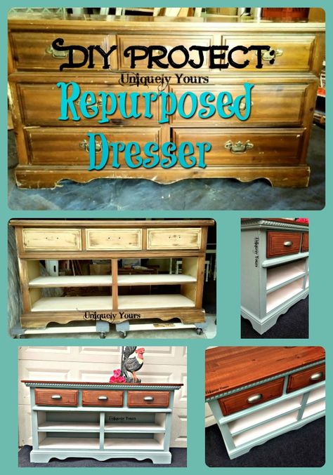 How to repurpose a dresser into a media console. – Andreas Uniquely Yours Media Console Diy, Refinish Wood Furniture, Pallet Tv Stands, Homemade Chalk, Repurposed Dresser, Lp Storage, Diy Dresser Makeover, Teen Boy Room, Dressers Makeover